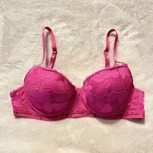 Juicy Couture Hot Pink Lace Push Up Bra Adjustable Straps 34B Floral‎